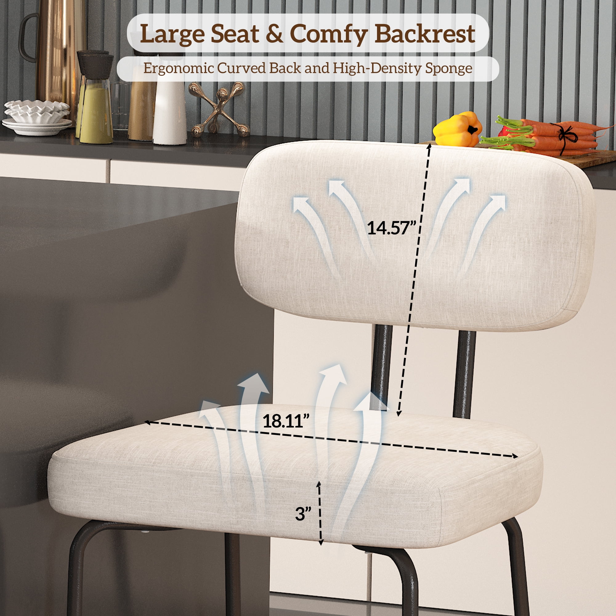 Genpo Counter Height Bar Stools Set of 2, 26" White Fabric Kitchen Counter Stools with Backs, Metal Legs, Footrest and Wide Seat, Bar Chairs for Kitchen Island