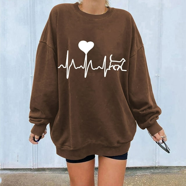 Meichang Chandail en Molleton Surdimensionné pour Femmes Mignon Graphique Battement de Cœur Chandail en Molleton Col Rond Manches Longues Pull Ample Décontracté Printemps Hiver Chandail en Molleton Café S