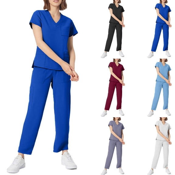 Minjewel Women's V-Neck Short Sleeve Scrubs for Women Set with Pockets, Durable & Comfortable Scrub Set for Hospital & Caregiving Duty,Black L