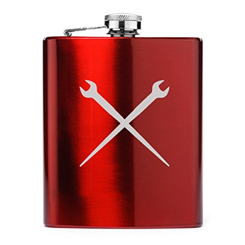 7 oz Stainless Steel Hip Flask Spud Wrenches Iron Worker (Red)