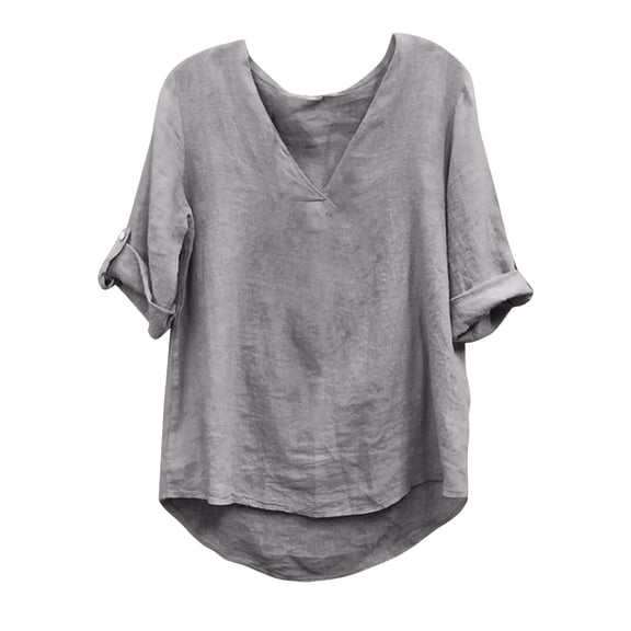 Hfnxid Womens Cotton Linen Tops Crew Neck Puff Long Sleeve Shirt Fashion Casual Loose Fit Top Spring Holiday Going Out Blouses-Gray