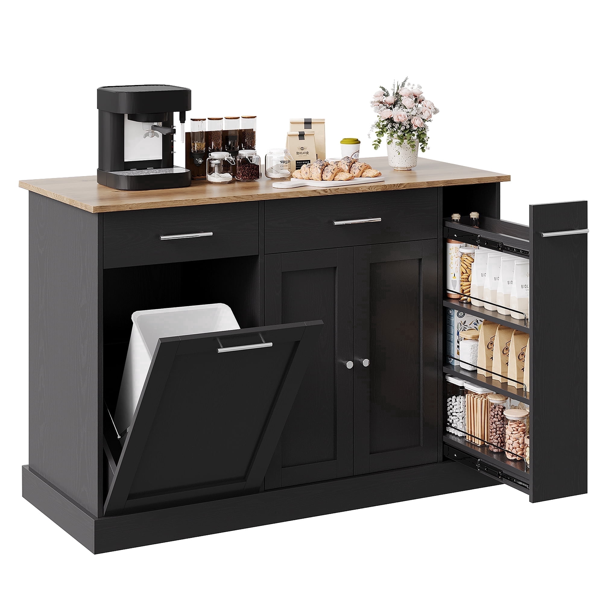 Catrimown DreamCurship 52" Farmhouse Rolling Kitchen Island Cart, 10 Gallon Tilt Out Trash Bin, Spice Racks & Storage Drawers, Black Brown