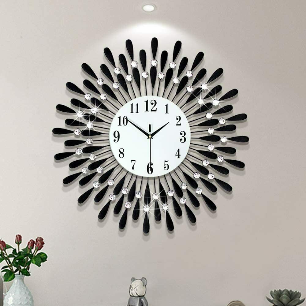 Large Wall Clock 24 Inch – Silent Non-Ticking Feather Design Metal Wall Clock with Quartz Movement, Oversized 24.4 Black Iron Decorative Clock for Living Room, Bedroom, Office, Kitchen