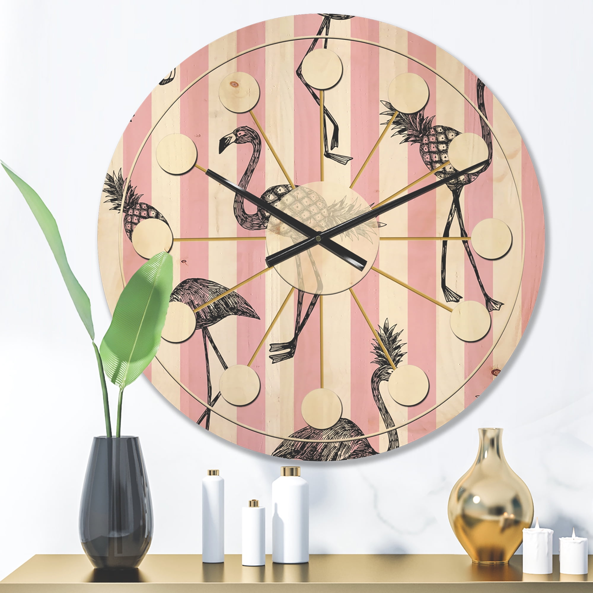 Designart 'Flamingo on Pink Retro' Mid-Century Modern Wood Wall Clock
