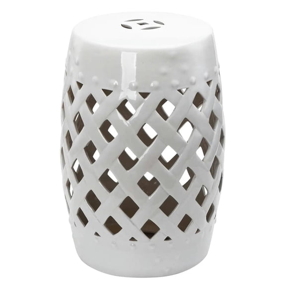 Spaco 13" x 18" Ceramic Garden Stool, Decorative Outdoor Stool with Woven Lattice Design & Glazed Strong Materials, White