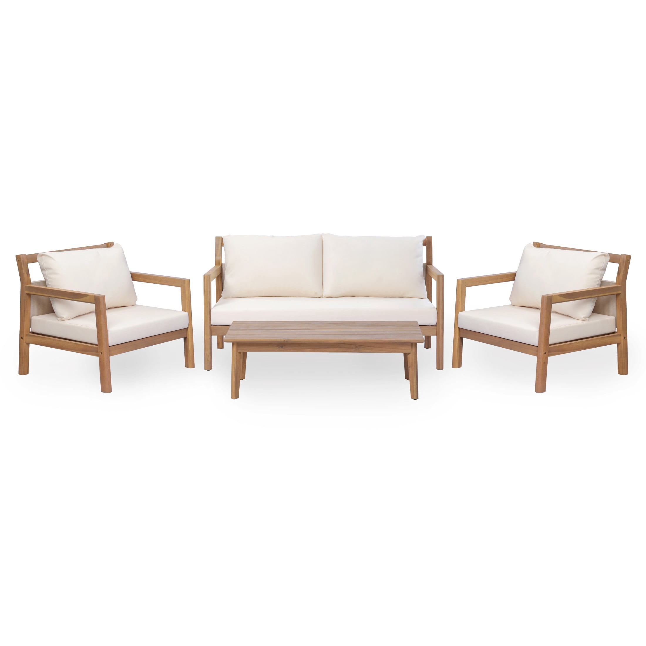 Christopher Knight Home 4-Piece Modern Outdoor Conversation Set with Cushions, 4 Seats, Light Teak+Beige