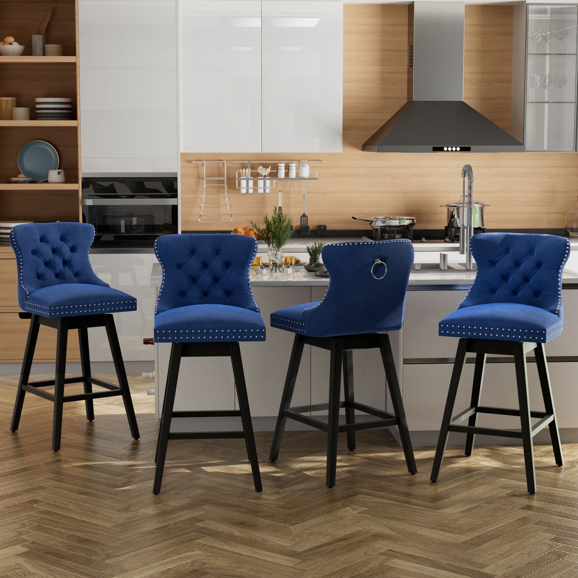 TEWLOSS 26" Swivel Counter Height Bar Stools Set of 4, Blue Velvet Kitchen Stools with Back