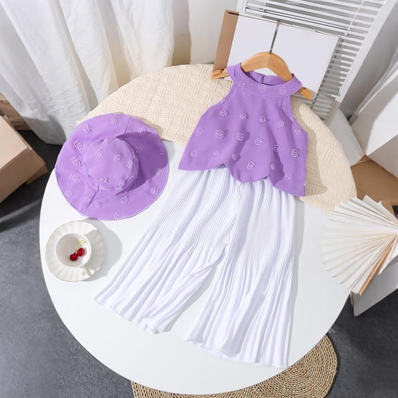 Sentuca Kids Clothes Girls Summer Outfit Sets Tank Tops and Wide Leg Pants and Sun Cap 3PC Casual Wear Size 5 Years