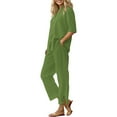 thumbnail image 2 of Women's Cotton Linen Shirt & Pants Set - Long Sleeve Solid Color Casual Suit, S, Green, 2 of 9