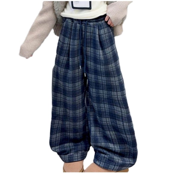 IVEYRTF Girls Plaid Fleece-Lined Jogger Pants Winter Warm Cuffed Loose Casual Sports Trousers for Kids Everyday Bottoms(Blue,12 Years)