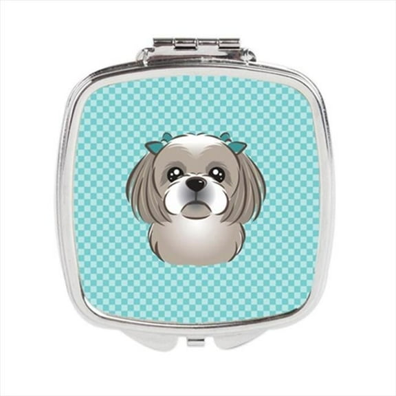 Checkerboard Blue Gray Silver Shih Tzu Compact Mirror, 2.75 x 3 x .3 In.