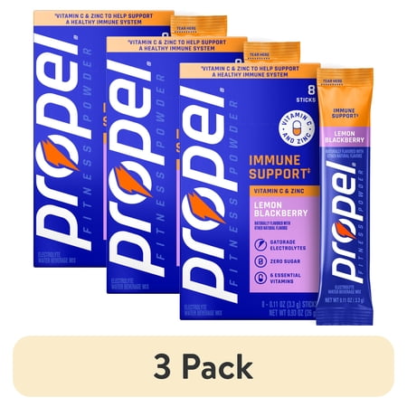 (3 pack) Propel Immune Support Zero Sugar Lemon Blackberry, On The Go Packs, Electrolyte Powder Drink Mix, 0.11 oz, 8 Count Packets