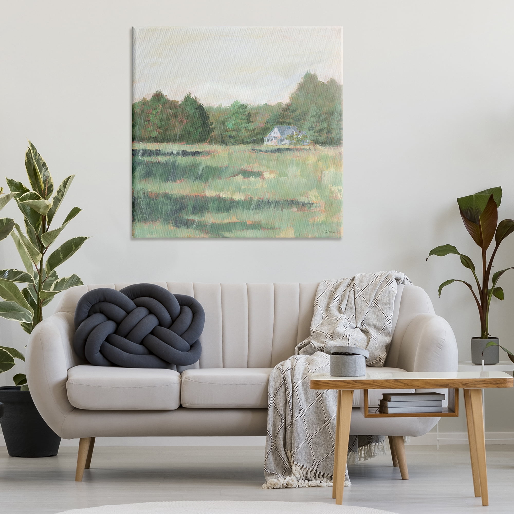 Stupell Industries Farmhouse Across Meadow Landscape Painting Gallery Wrapped Canvas Art Print Wall Art, 36 x 36