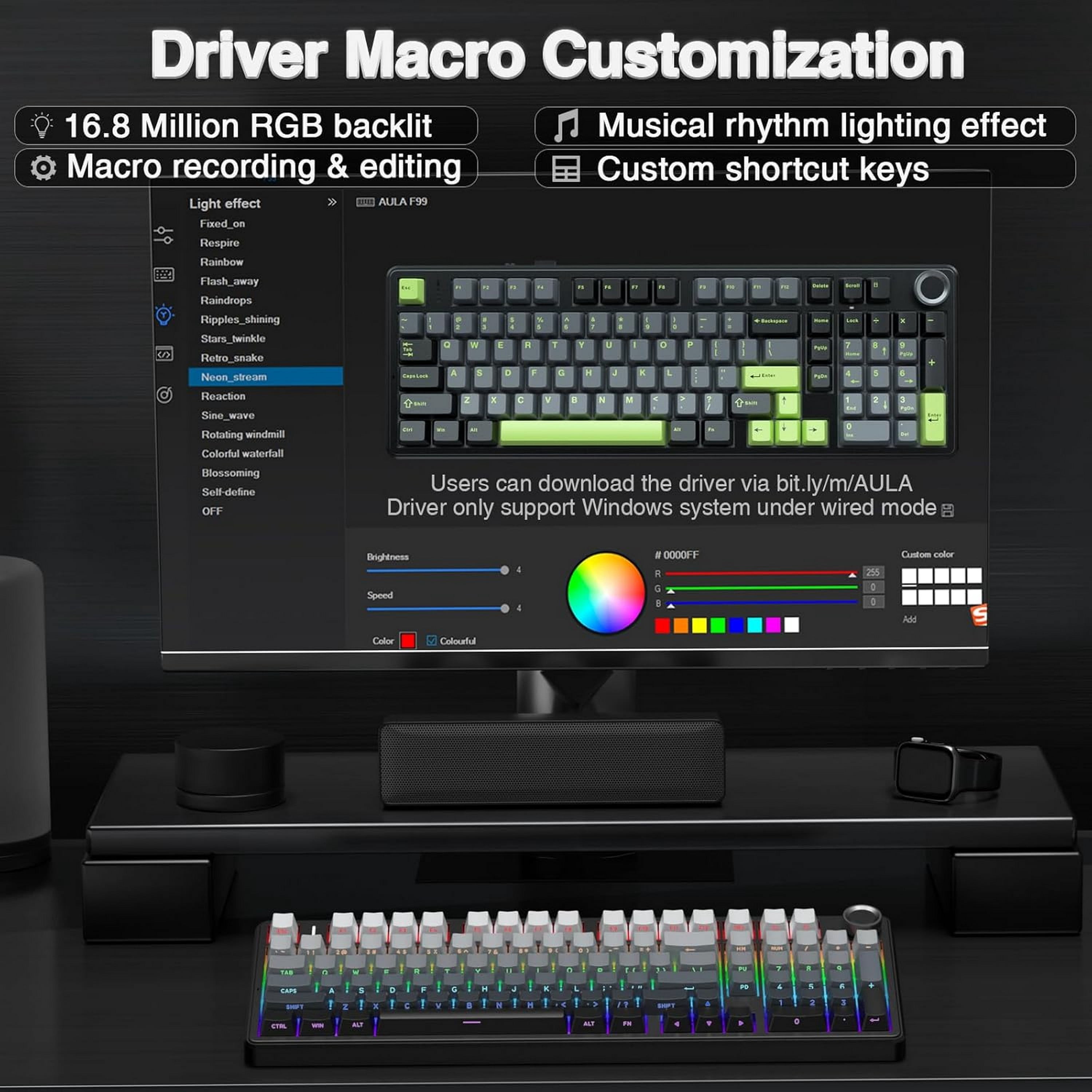 AULA F99 PRO Wireless Mechanical Gaming Keyboard, 95% Layout, Hot Swappable Creamy Switches, Tri-Mode BT5.0/2.4GHz/Type-C, RGB Backlit with Multifunctional Knob, 8000mAh Battery - Black Gradient