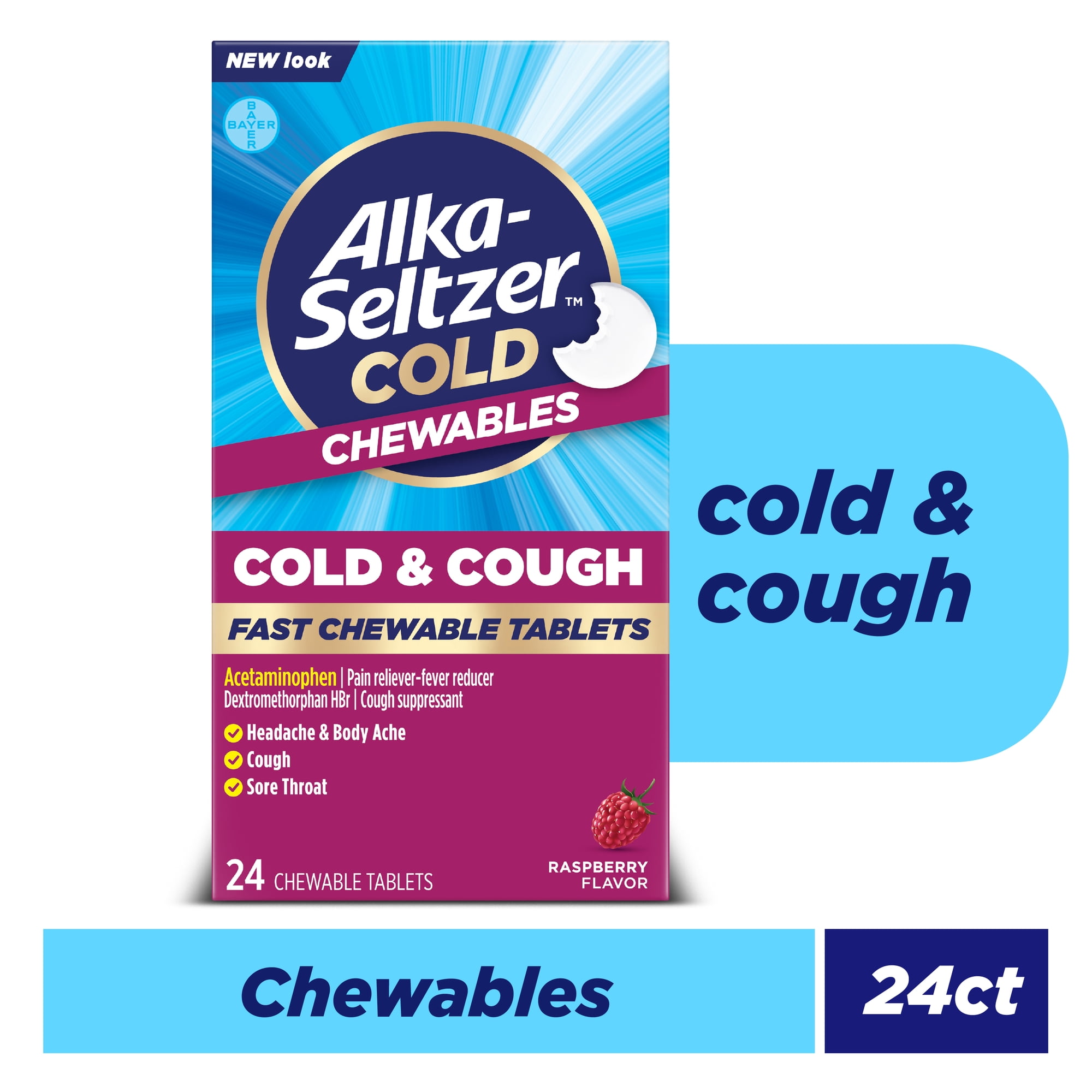 Alka-Seltzer Cold, Cold & Cough Fast Chewable Tabs, No Water Needed, Raspberry Flavor, 24 Count