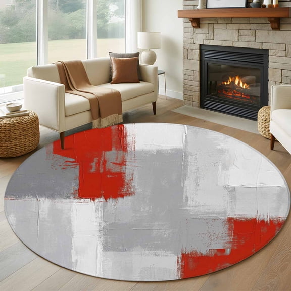 Red Grey Round Area Rug 7Ft Washable Circle Rugs for Dorm Laundry Room, Abstract Geometric Color Block Oil Painting Non-Slip Carpet Floor Mats Indoor Outdoor Carpet Runner Aesthetic Home Decor