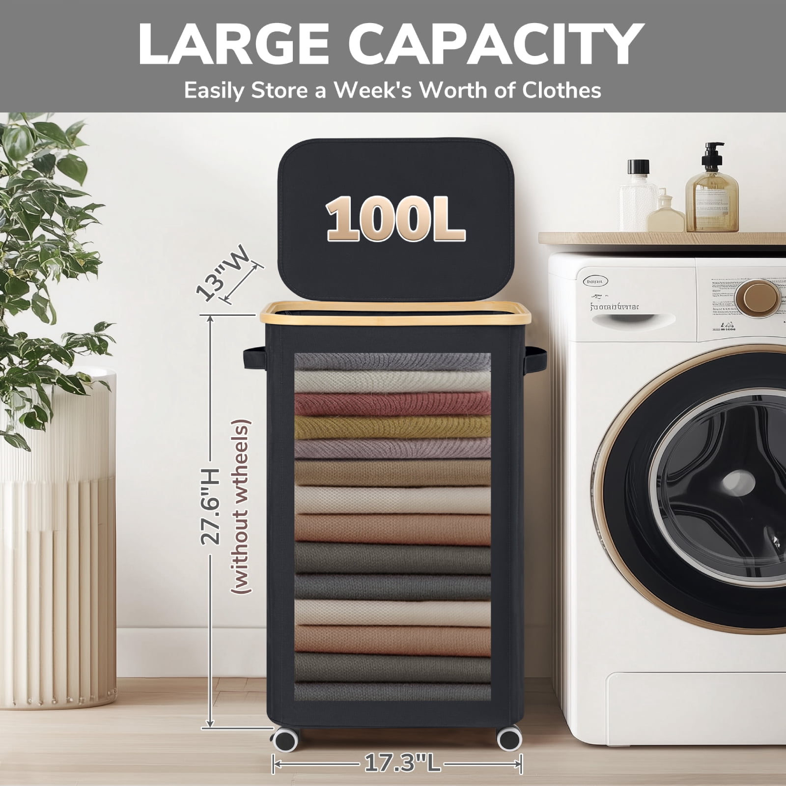 Slim Laundry Basket with Wheels,Freestanding Laundry Hamper with Lid&Bamboo Handles(100L Black)