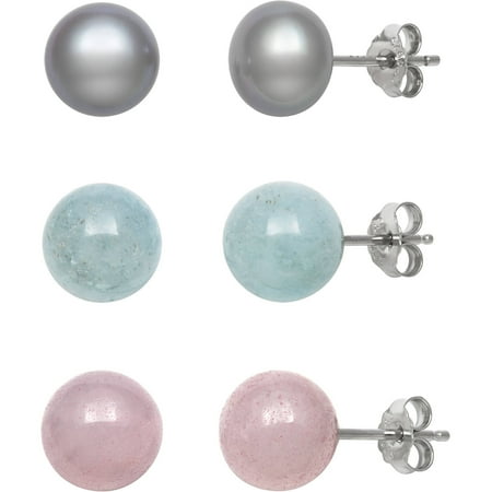 Aquamarine Set Stud (8-9mm Dyed Grey Cultured Freshwater Pearl, Rose Quartz and Milky Aquamarine Sterling Silver Stud Earrings, Set of)