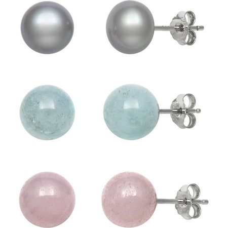 8-9mm Dyed Grey Cultured Freshwater Pearl, Rose Quartz and Milky Aquamarine Sterling Silver Stud Earrings, Set of 3