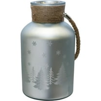 12" Matte Silver Christmas Trees and Snowflakes Decorative Pillar Candle Holder with Handle