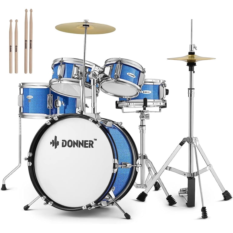 Donner 5-Piece Kids Drum Set, 14" Bass, Metallic Blue photo 1