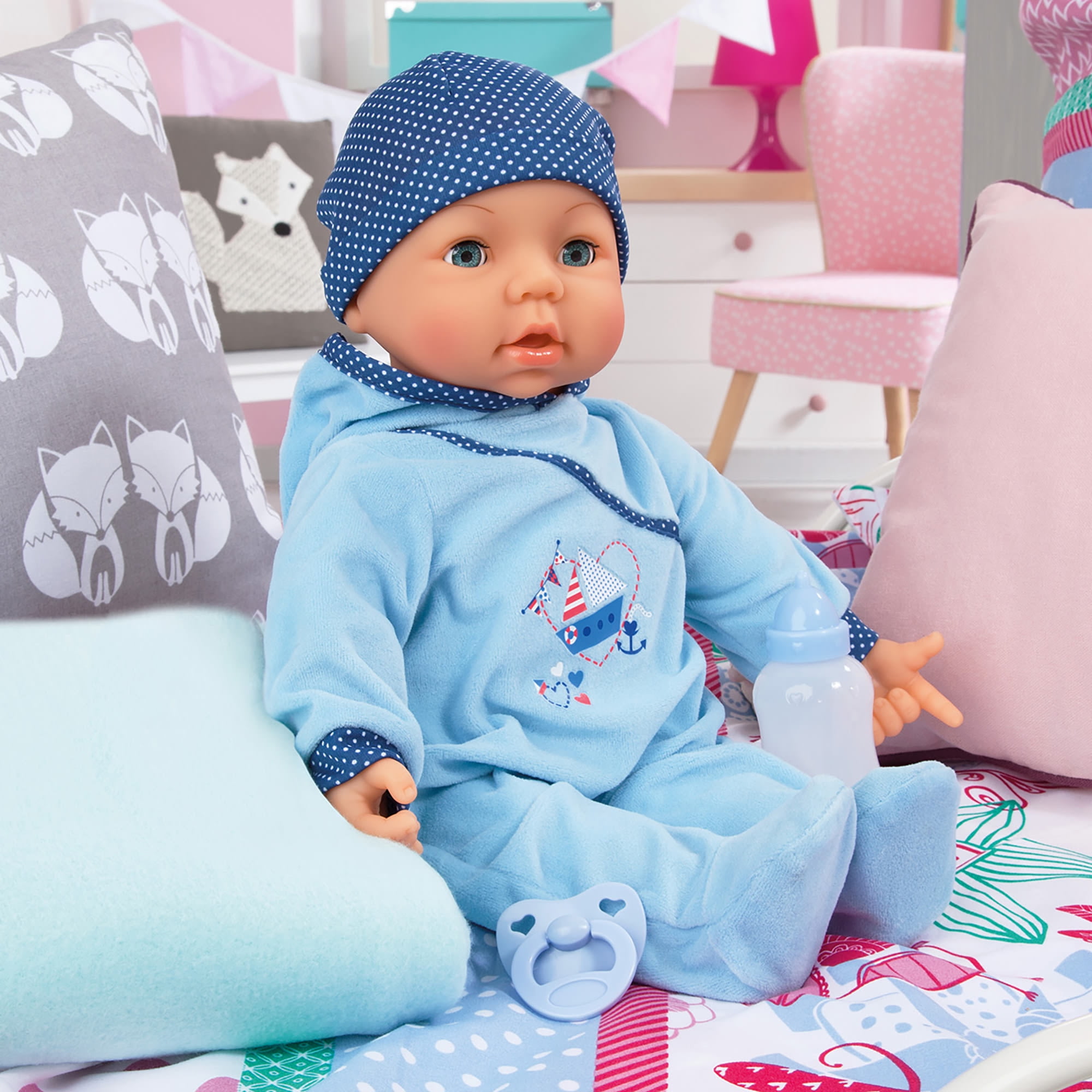 Hello 18" Baby Boy Doll W/ Blue Boat, Pacifier, Bottle, Matching Cap