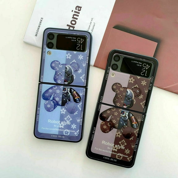 For Samsung Galaxy Z Flip3 5G Glossy Glass Lovely Bear Shockproof Fold Back Case