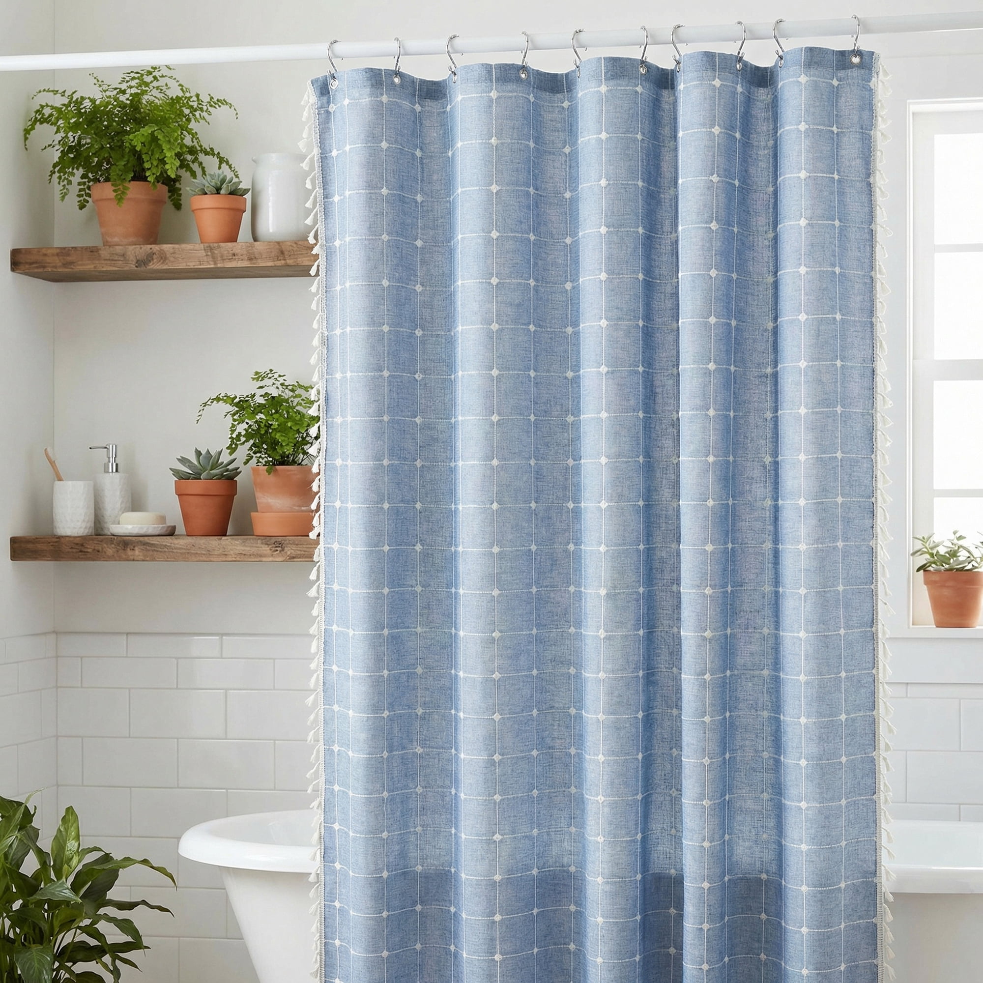 Unique Bargains Boho Plaid Blend Shower Curtain Sets with Hooks Blue 72"W x 72"L