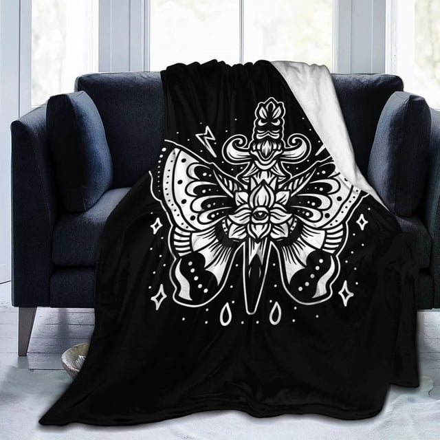 Manta con diseño de daga de mariposa en blanco y negro para sofá cama, 152 x 127 cm, súper suave, acogedora, de franela, ligera, difusa y cálida
