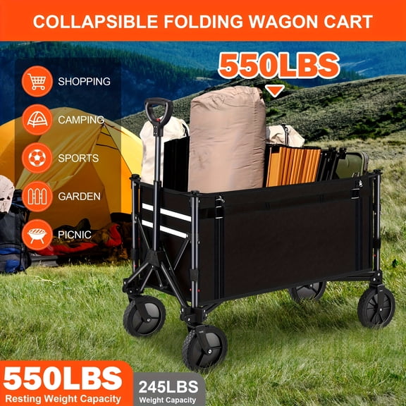 3 In 1 Collapsible Wagon Converts To , 220lbs Foldable Wagon Cart With Wheels, 31.7gal Shopping Cart For Groceries Folding Utility Wagon For Beach, Garden, Camping, Sport, Black