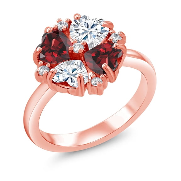 Gem Stone King 18K Rose Gold Plated Silver Red Garnet and Moissanite Ring for Women (2.28 Cttw, Heart Shape 5MM, Gemstone January Birthstone, Size 9)