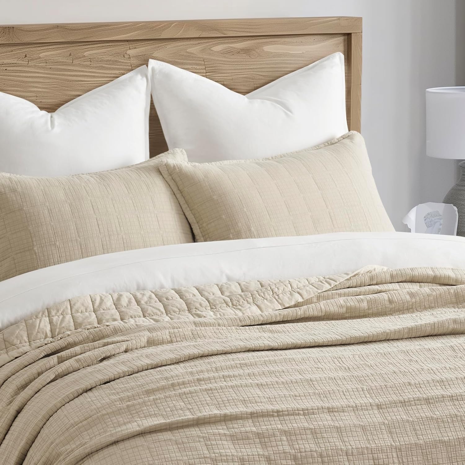 EVERGRACE Stonewashed Cotton Quilt Set Full Queen Size, Ultra Soft Oversized Bedspread Coverlet Set, Lightweight Crinkle Box Stitch Bedding Sets for All Season, with 2 Shams, Flax Beige