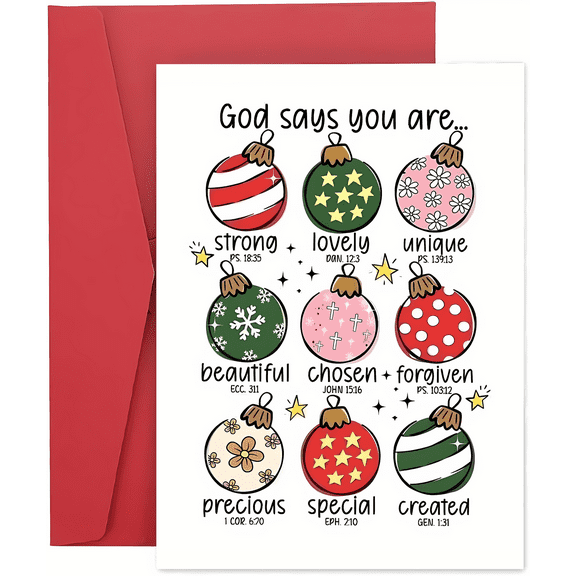 Inspirational Christmas Card – "God Says You Are..." Ornament Design – Encouraging Messages for Friends & Family – Envelope Included, Perfect for the Holiday Season