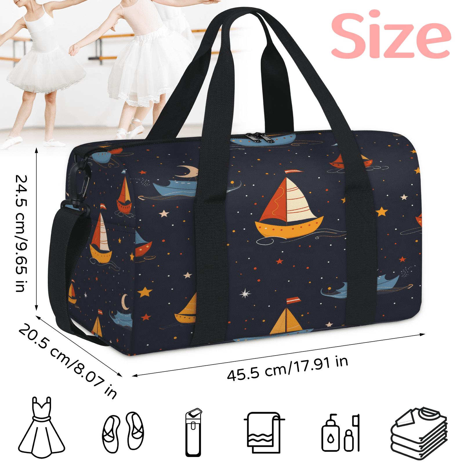 Herdesigns Nautical Sailboat Gym Bag for Women, Duffle Bag for Travel Sport, Starry Sky Lightweight Waterproof Carry on Weekender Dance Yoga Workout Bags
