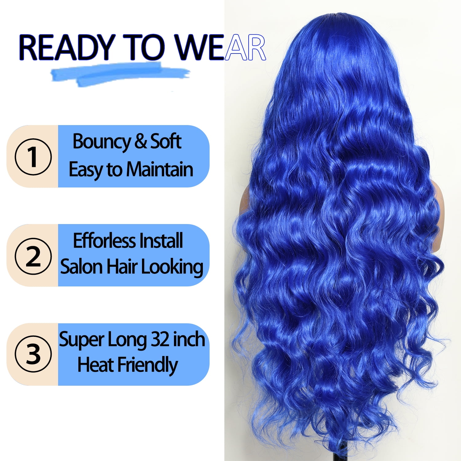 13x6 Lace Frontal Wig 32 Inch Blue Body Wave Synthetic Pre Plucked with Baby Hair Transparent Swiss Lace Heat Friendly Blue Colored Hair Lace Front Wigs for Women