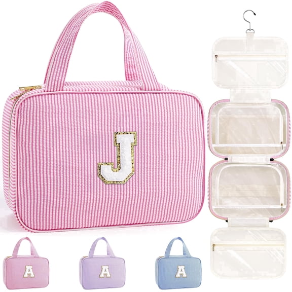 Yoolife Travel Toiletry Bag - Hanging Toiletry Pouch for Women, Portable Toiletries Travel Bag and Cosmetic Pouch, Letter j, Pink