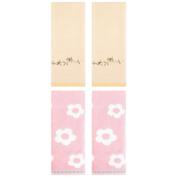 Unique Bargains Floral Cotton Bathroom Hand Towel 4 Pcs Pink/Yellow 14" x 30"/15" x 30"