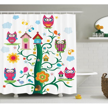 Owls Home Decor Shower Curtain Set, Owls In The Tree With Crazy Eyes ...