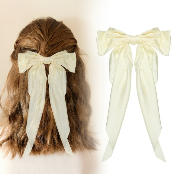 Uxcell Large Bowknot Hair Ribbon Barrette, Hair Bows Oversized Clip Long Tails - Fitting for (Party - Wedding - Birthday - Gift - Clip Accessories - Women) 14.17 Inch & Satin & Beige