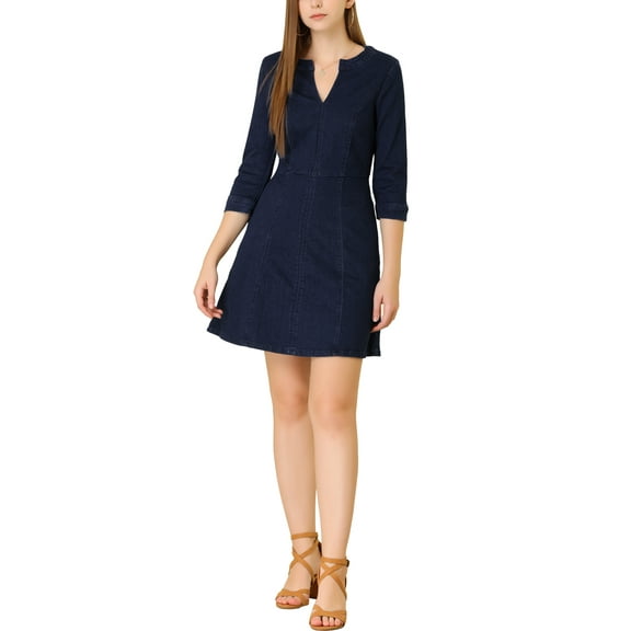 MODA NOVA Junior's Casual A-Line Split Neck 3/4 Sleeve Stretchy Mini Denim Dress