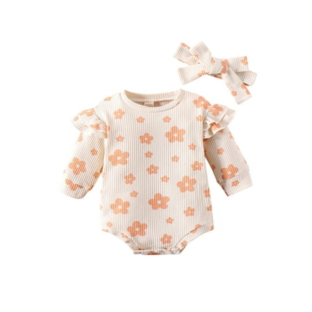 

Arvbitana Infant Baby Girls Casual Sweatshirt Rompers Ruffled Long Sleeve Crew Neck Floral Print Jumpsuits and Headband 2Pcs Fall Sets 0-24M