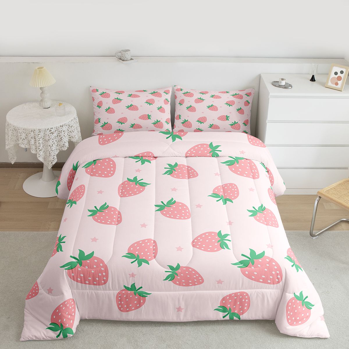 Feelyou Girly Pink Strawberry Bedding Comforter Set, Kawaii Stars Print Twin Comforter Sets, Teens Kids Girls Women Reversible Bedding Set, Super Cozy Room Decor, 2pcs