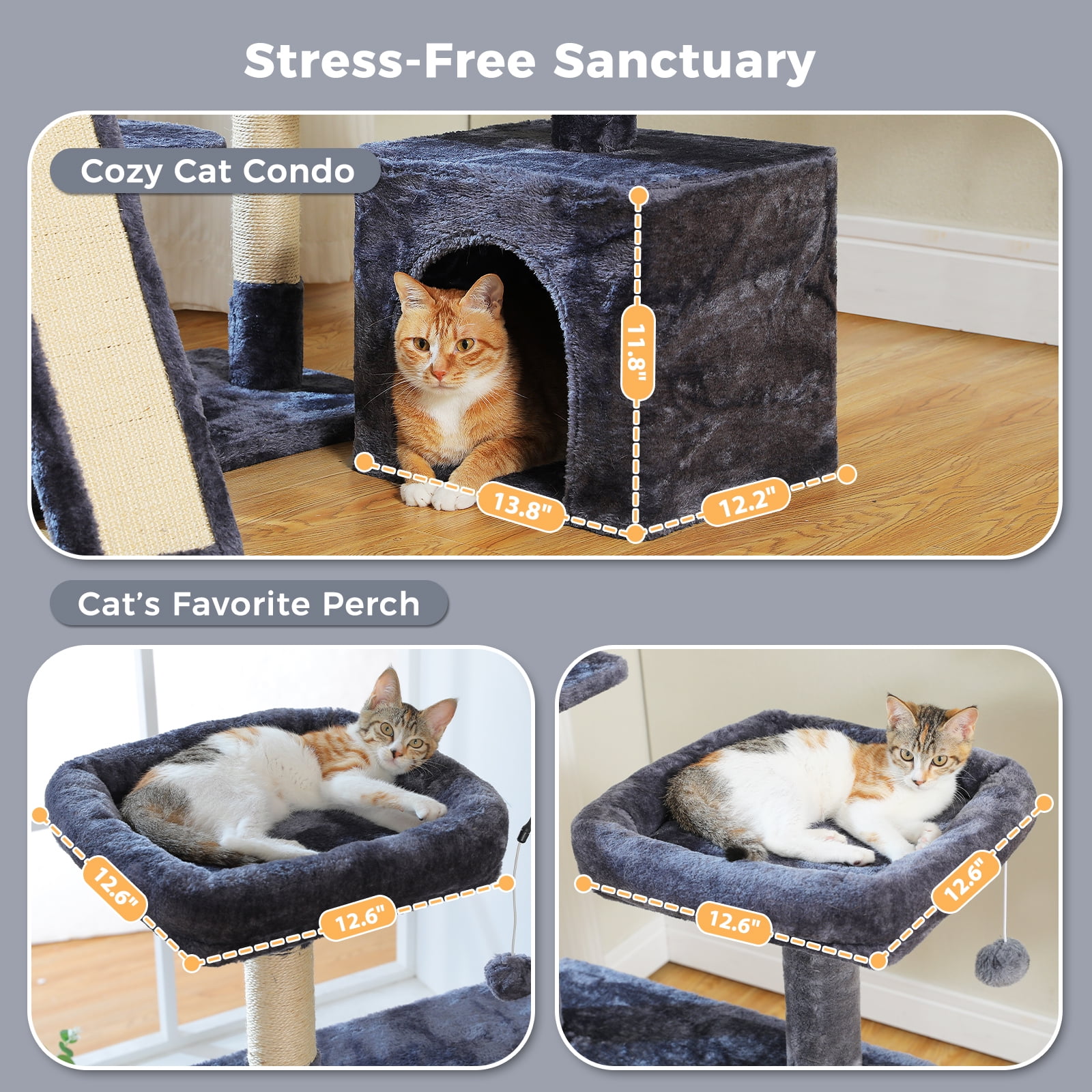 Pefilos 53" Cat Tree Pet Play House with Sisal Scratching Posts, Condo, Perches, Wide Platform for Indoor Kittens/Adult Cats, Gray