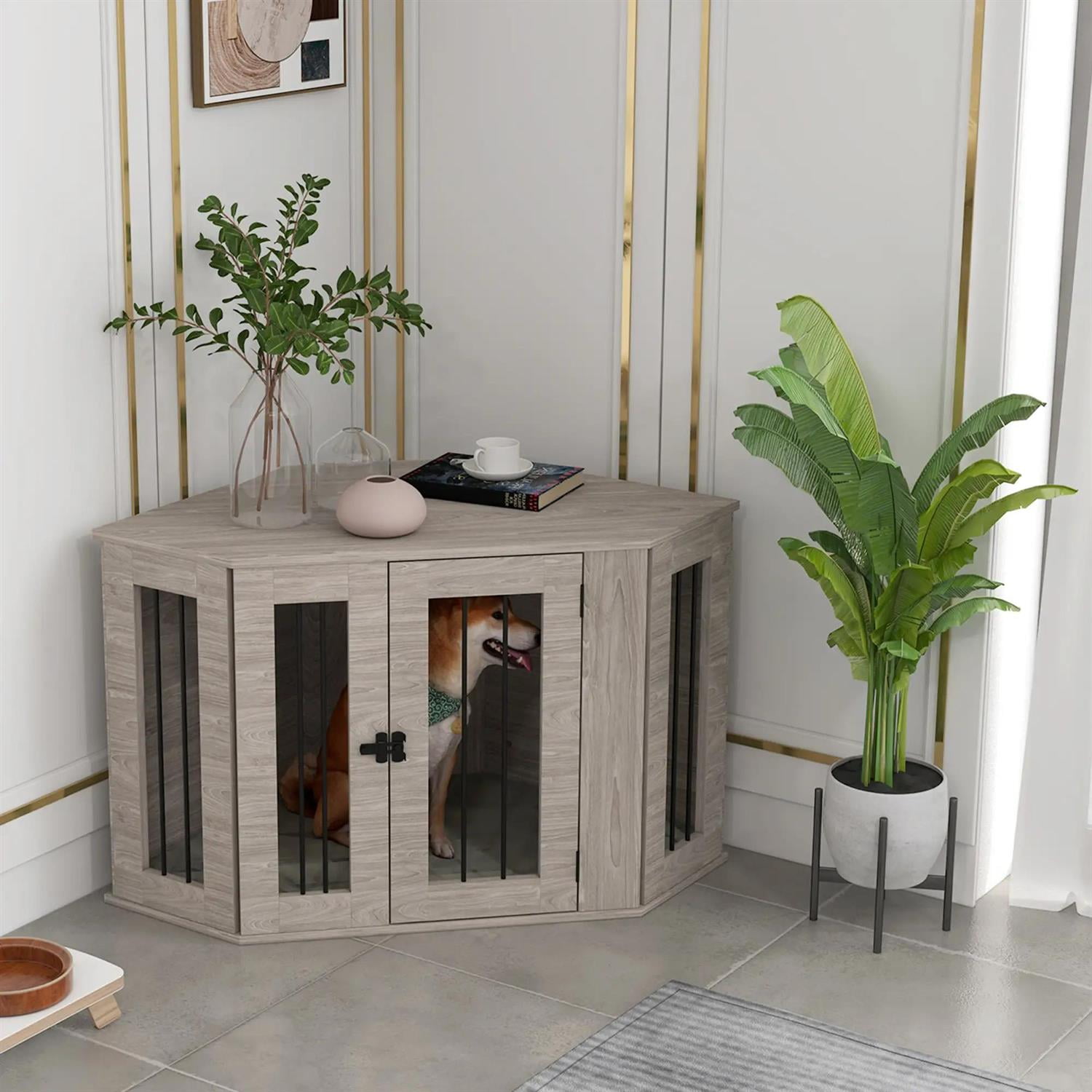 Pefilos 41" Corner Dog Crate Furniture with Cushion, Wooden Kennel Table, Indoor Dog House for Medium Dogs, Gray