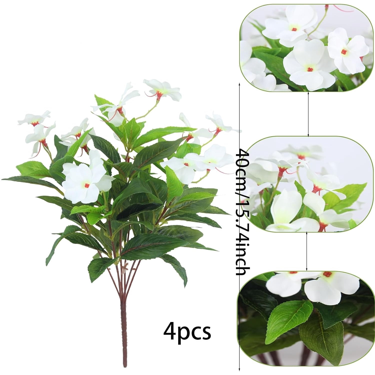 Artificial Impatiens Flowers 4 Pcs Silk Impatiens Flower White Faux Greenery Fake Flowers Bushes for Hanging Basket Porch Office Wedding Decor,16 inch,HYG
