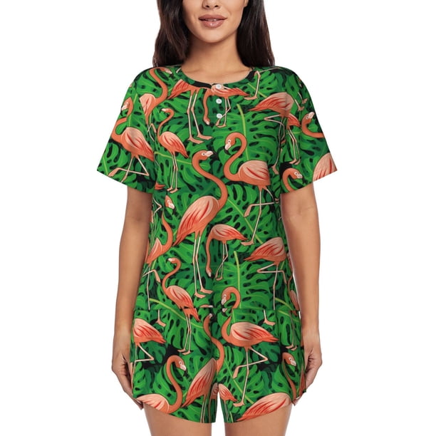 Fotbe Flamingo Conjunto de Pijama Estampado para Mujer, 2 Piezas, Ropa de Dormir con Camiseta de Manga Corta y Shorts Suaves-Large