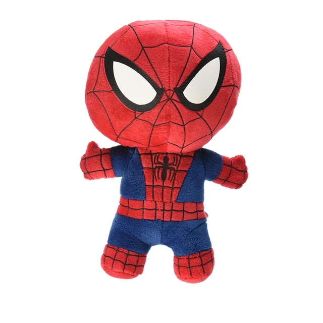 peluche spiderman marvel clasico 22 cms rojo, vista frontal centrada de 22 cm (14 x 10 x 22 cm); muñeco de poliéster con cabeza grande y silueta infantil, ojos blancos bordeados en negro, telaraña y logo de araña bordados en el pecho; fondo blanco; adecuado para juego y colección, a menudo usado para juego simbólico de aventuras.