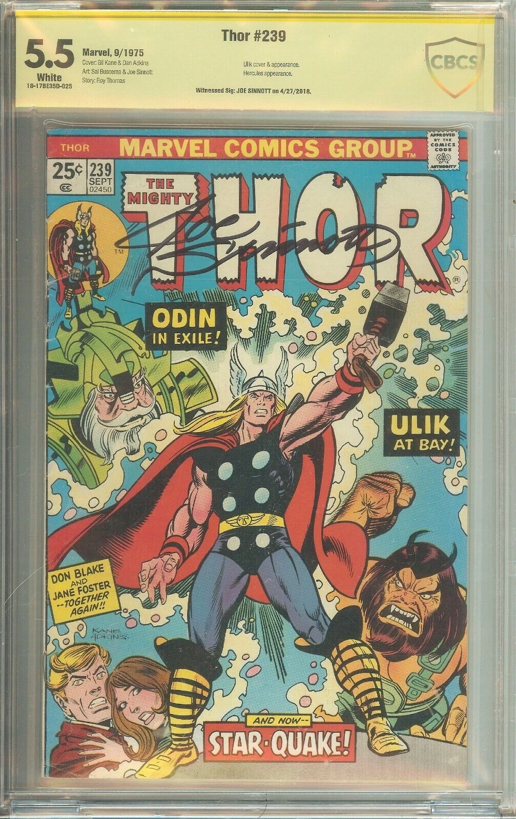 The Mighty Thor #239 (Marvel, 1975) – CBCS 5.5 – Signed by Joe Sinnott