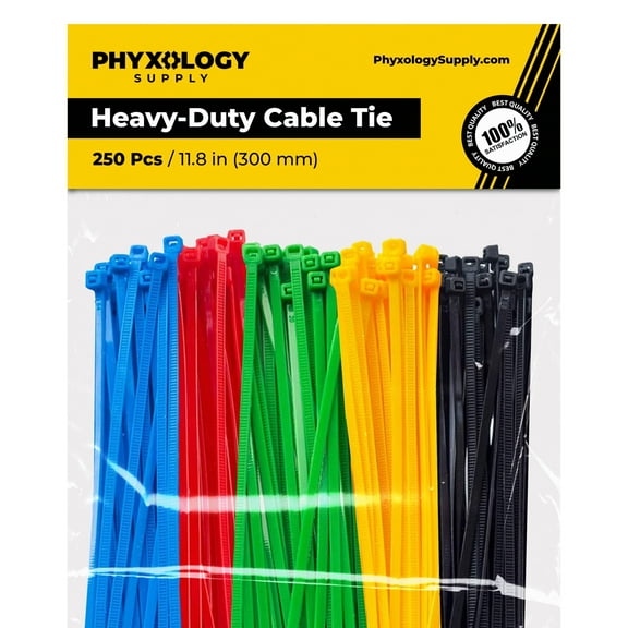 Phyxology 12" Rainbow Colored Heavy Duty Nylon Zip Ties, 250 Bulk Pack