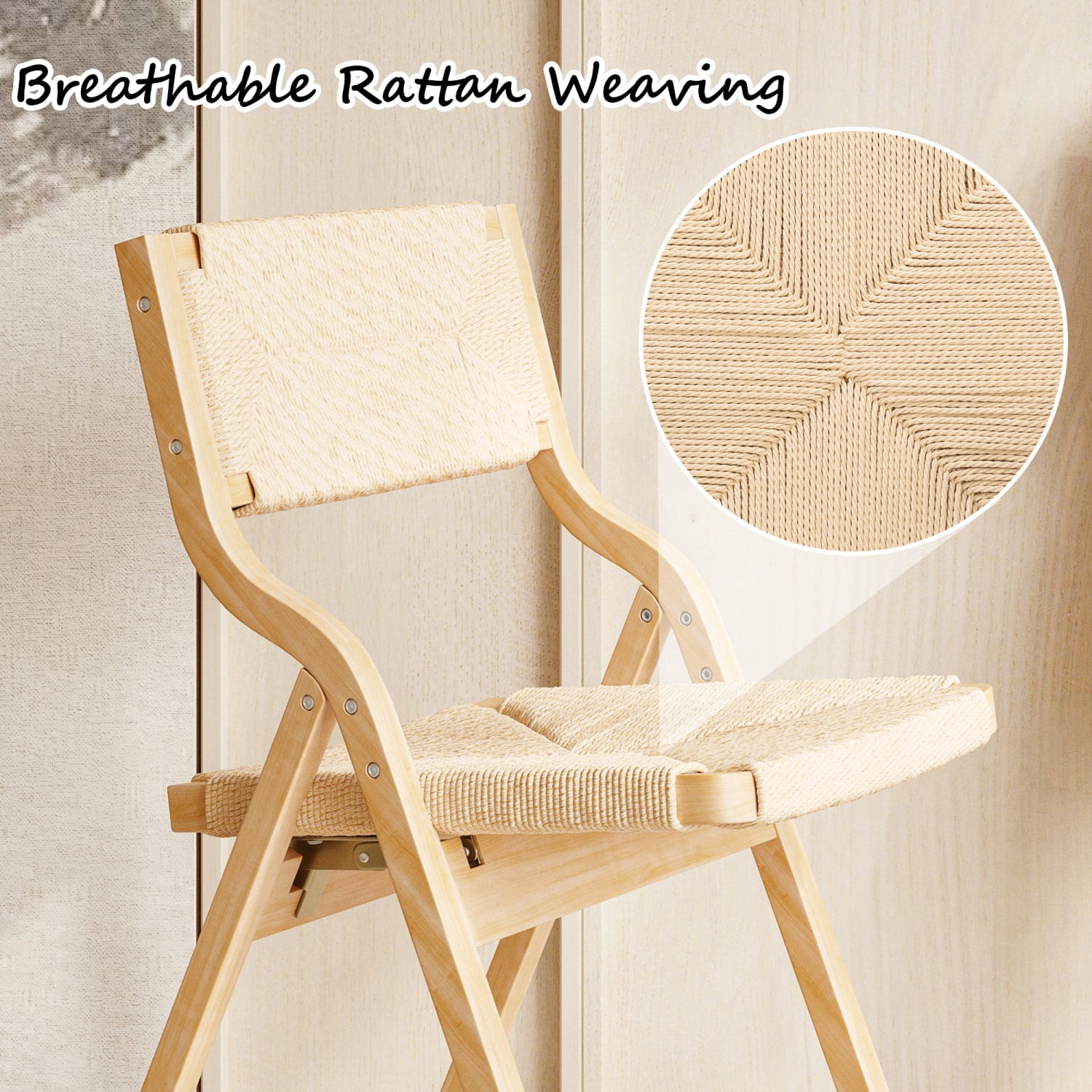 Folding Dining Chairs Set of 2, Wooden Foldable Chairs with Woven Seat & Webbing Back, Space-Saving Kitchen & Dining Room Chairs, Natural
